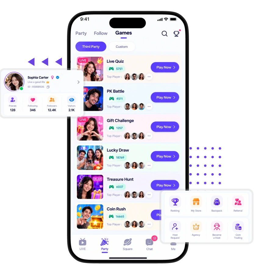 Likee clone interactive entertainment features with multiplayer quizzes, PK battles, gift challenges, lucky draws