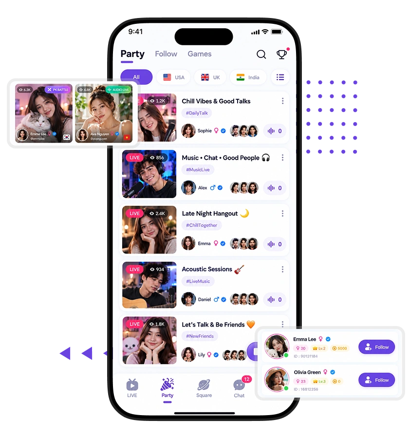 Likee clone live social interaction features with multi-host party rooms, live conversations, audience participation