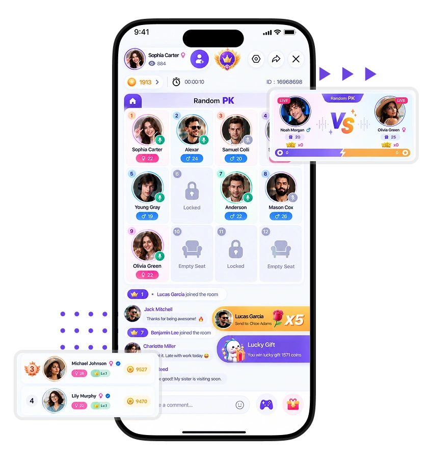 Likee clone real-time PK battle features with random matchmaking, multi-seat live rooms, participant management
