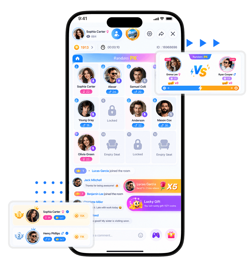 Tango clone PK battle, multi-user live rooms, participant seats, live chat, virtual gifts, coin interactions, battle scores features