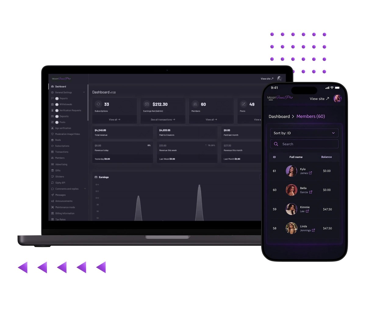Vylit Clone admin dashboard showing member management, user accounts, balances, and platform statistics