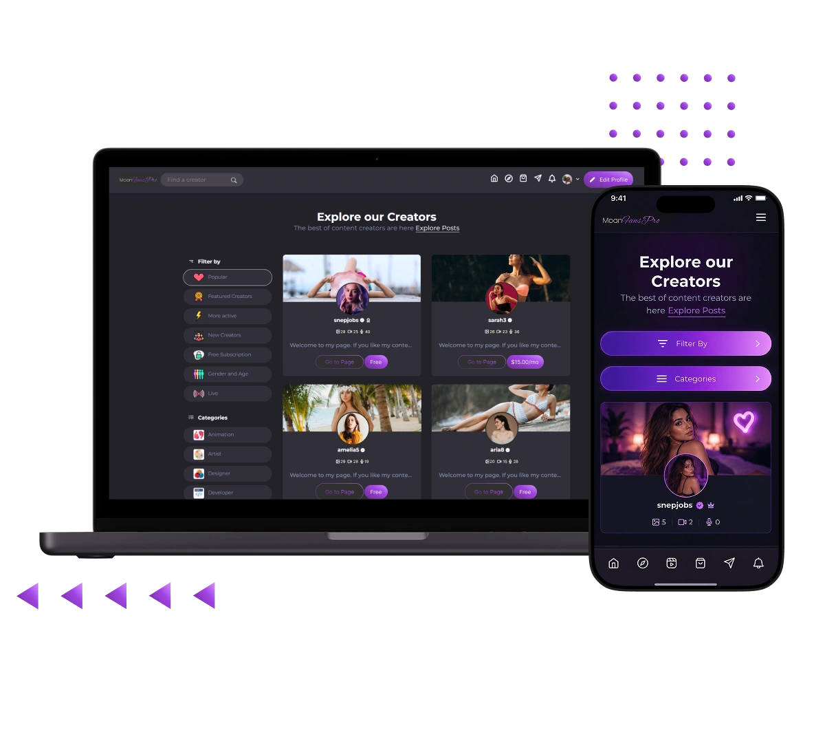 Vylit Clone creator discovery platform showing creator profiles, categories, and subscription options