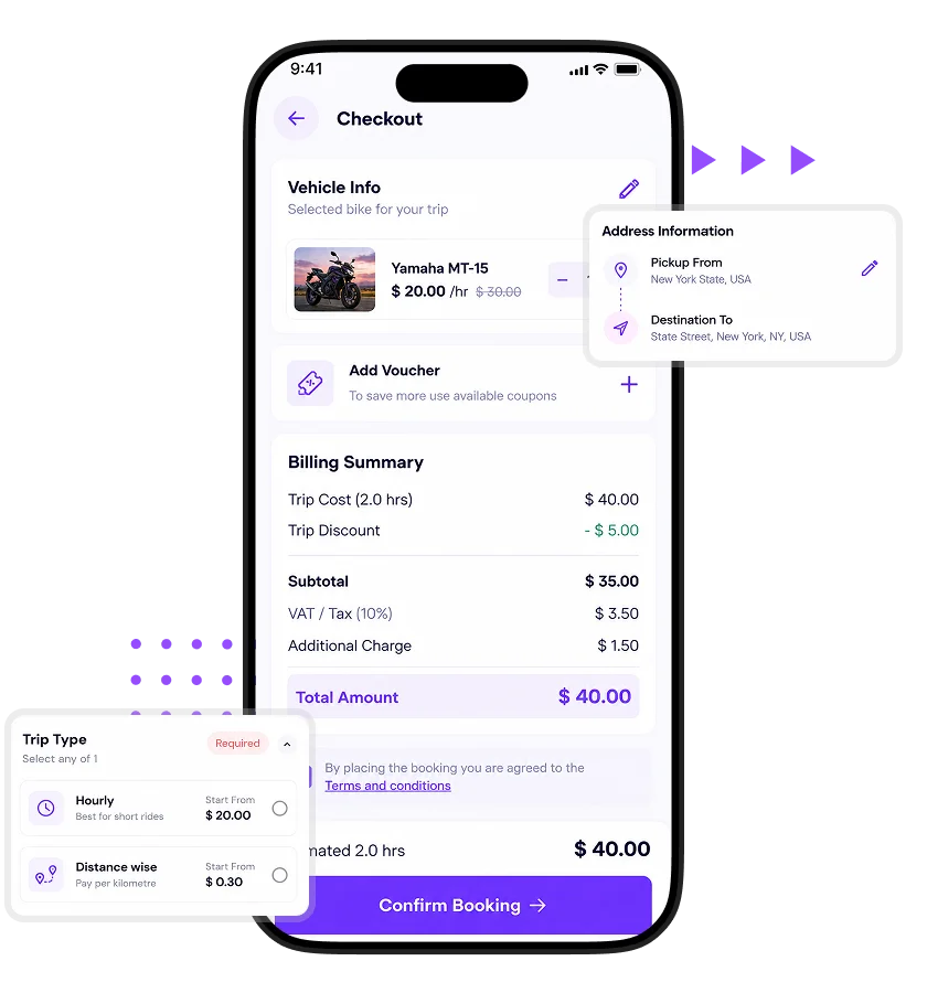 White Label Bike Rental Software showing checkout details, selected Yamaha MT-15, pickup and destination addresses, trip type, billing summary, and booking confirmation
