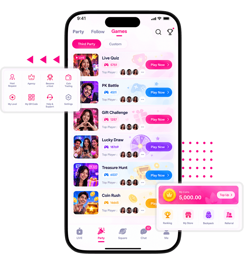 White Label Live Streaming Platform featuring live games, PK battles, gift challenges, lucky draws, treasure hunts, and coin rewards