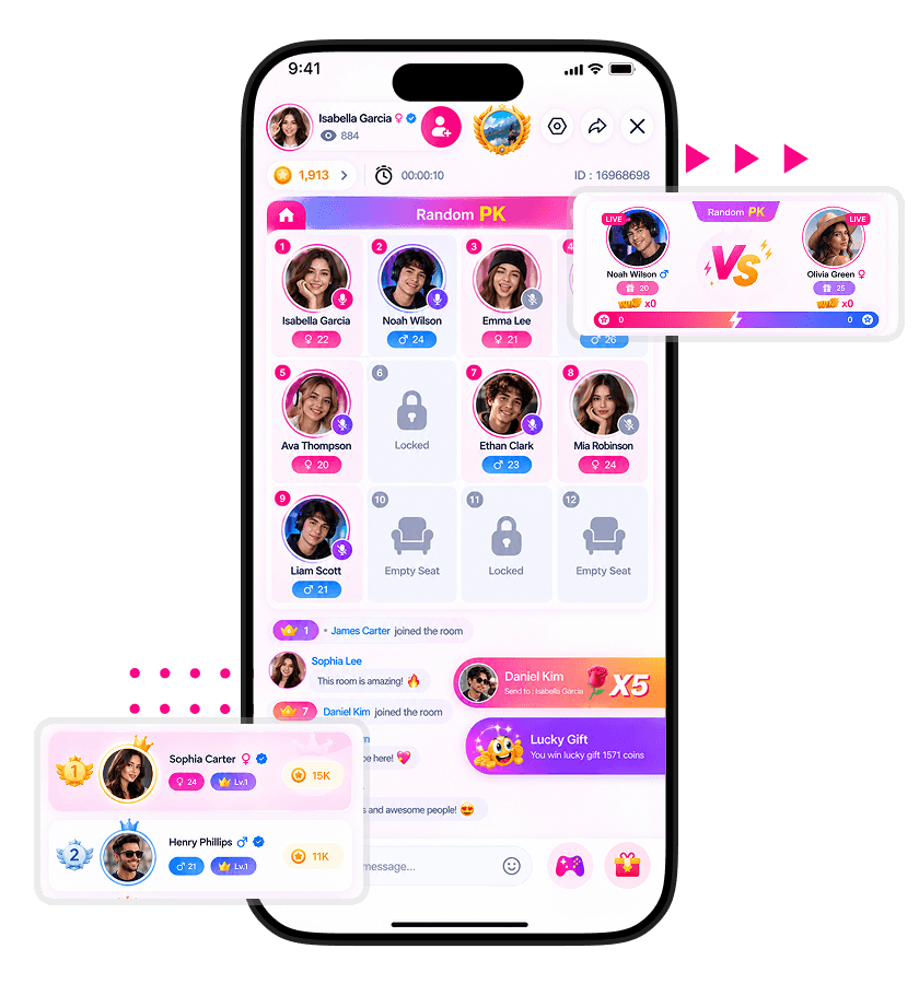 White Label Live Streaming Platform with random live video rooms, user profiles, live battles, and virtual gifts