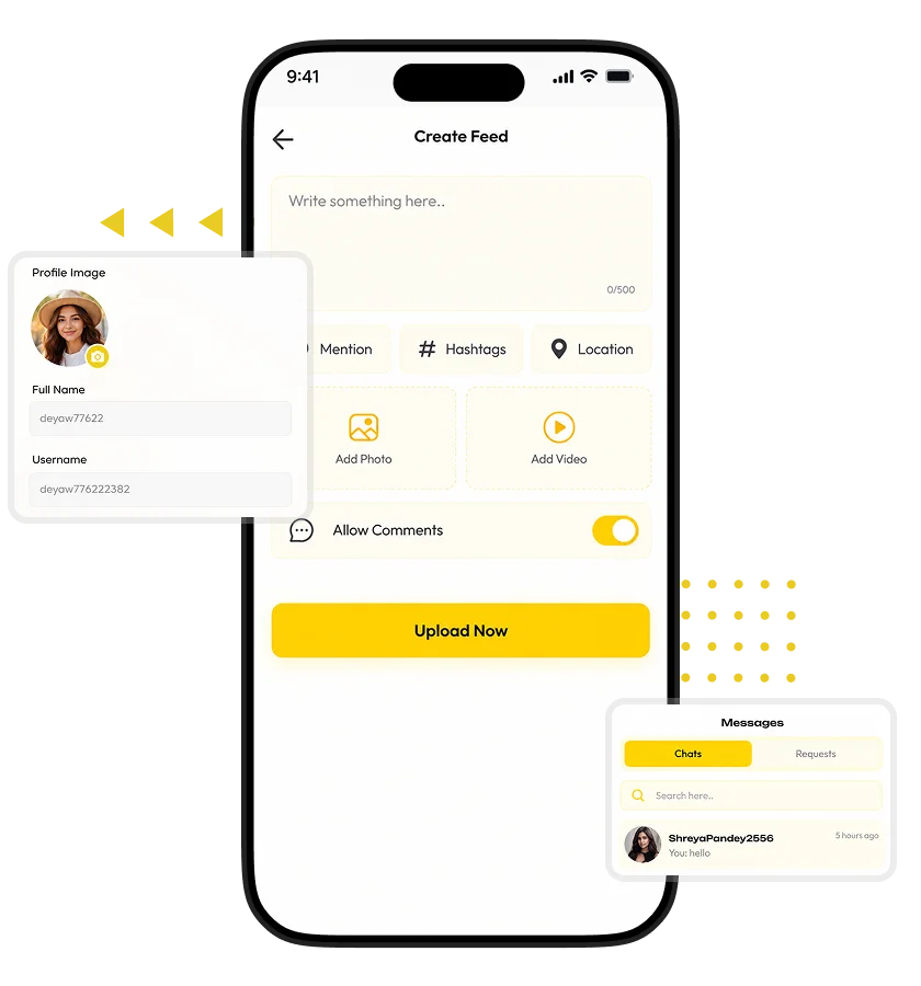 white label short video sharing app create feed screen with text posts, profile information, mentions, hashtags, location, photo and video uploads, comment controls, and messaging options