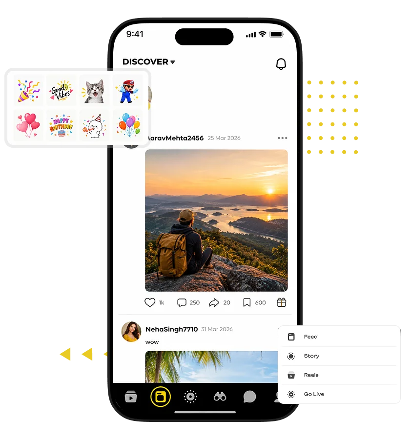 white label short video sharing app discover feed with photo posts, reactions, comments, shares, bookmarks, gifts, stories, reels, and live streaming options