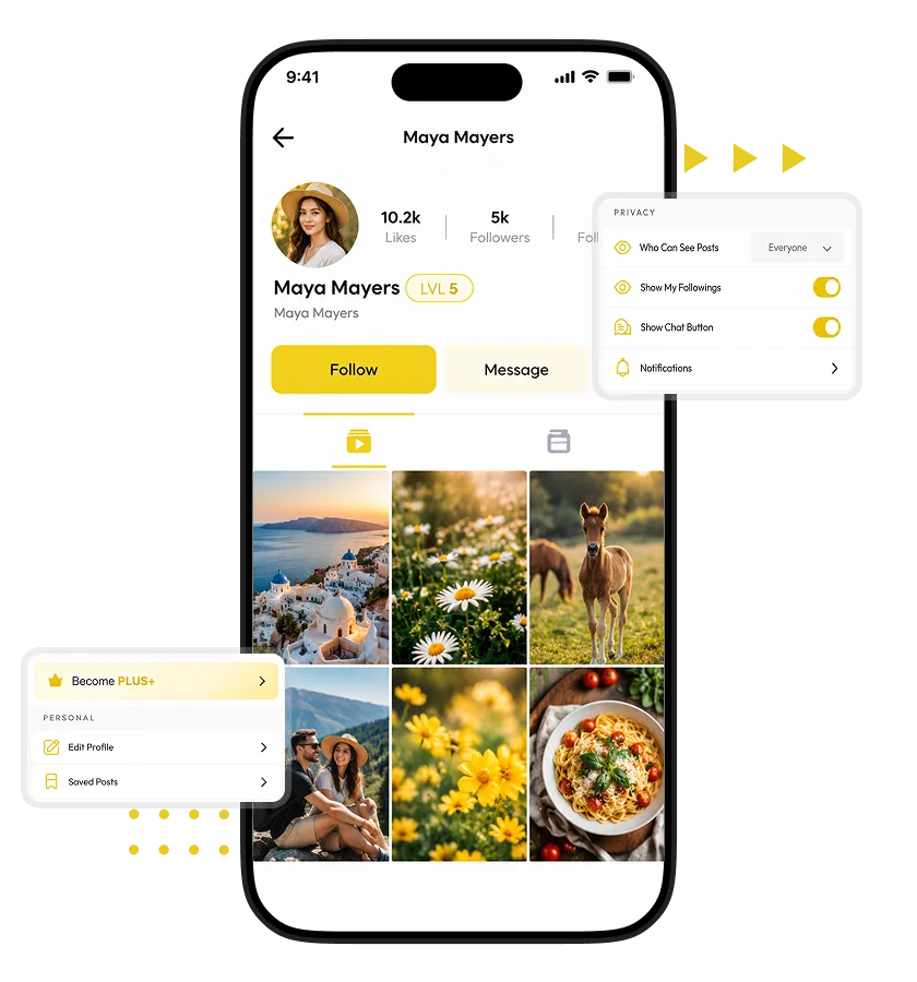 white label short video sharing app user profile with followers, likes, photo and video posts, follow and message buttons, saved posts, and privacy settings