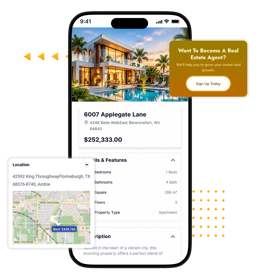Aqar Clone property details screen featuring a luxury villa, property price, amenities, location map, and detailed property information.
