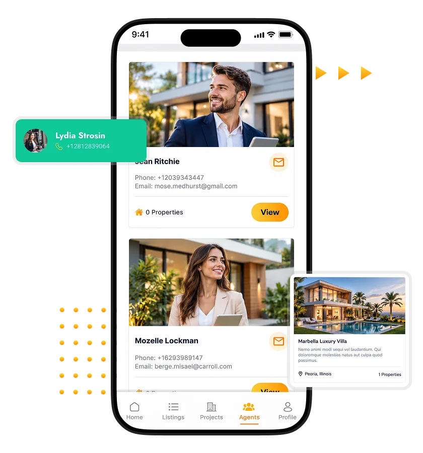 Aqar Clone property details screen featuring a luxury villa, property price, amenities, location map, and detailed property information.