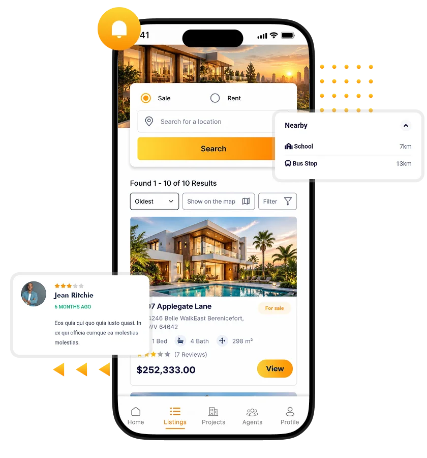 Aqar Clone real estate app showing property search filters, location selection, villa listings, property prices, ratings, and viewing options.