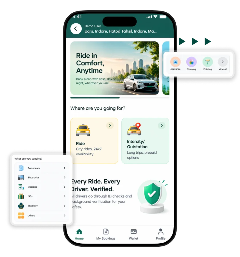 Careem clone ride-hailing app home screen featuring ride booking, intercity transportation, pickup and destination selection, vehicle categories, and verified driver services.