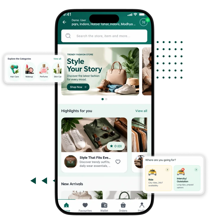 Careem clone super app home screen showcasing fashion products, shopping categories, personalized recommendations, new arrivals, promotional banners, and bottom navigation for browsing services.