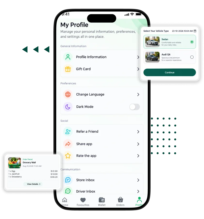 Careem clone super app profile screen featuring personal information, gift cards, language settings, dark mode, referral rewards, app sharing, store inbox, and delivery partner options.
