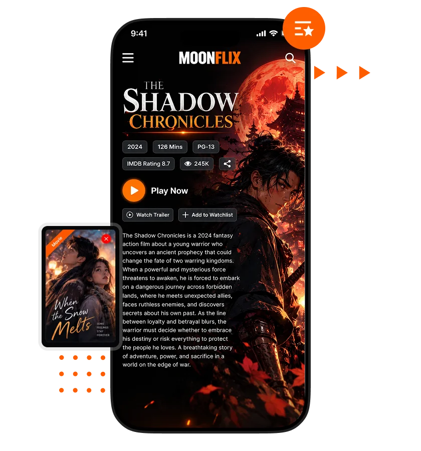 Crunchyroll clone anime streaming app movie details screen featuring a featured anime title, movie synopsis, IMDb rating, genre, release year, Play Now button, watch trailer option, and add-to-watchli