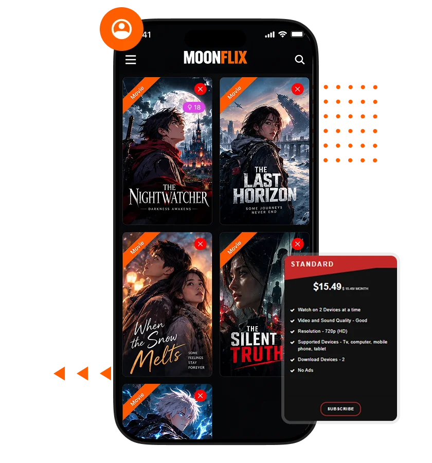 Crunchyroll clone streaming app interface displaying an anime movie library, featured movie posters, premium subscription plan details, and options to access exclusive streaming content.