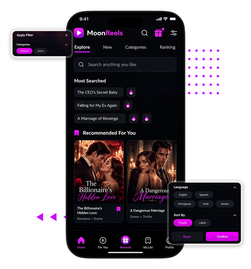 DramaWave Clone app content discovery screen featuring short drama recommendations, popular searches, genre filters, language preferences, and sorting options.