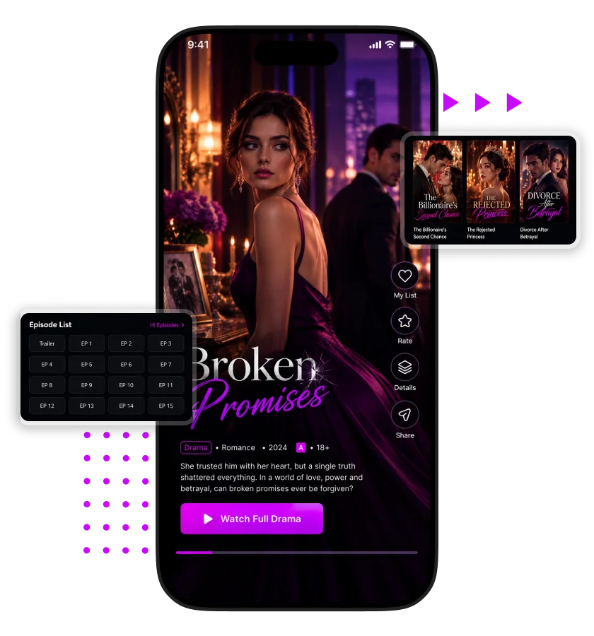 DramaWave Clone app drama detail screen featuring the Broken Promises series, episode selection, watchlist, ratings, sharing options, and full-drama playback.