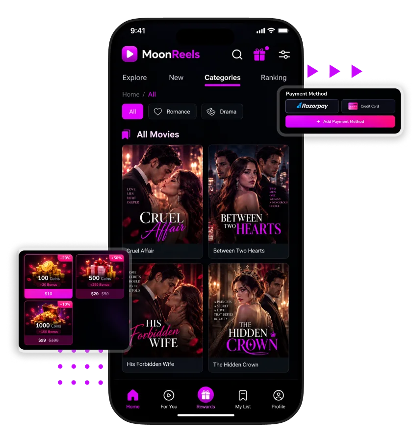 DramaWave Clone app showing drama categories, movie listings, coin packages, and payment methods for premium membership and in-app purchases.
