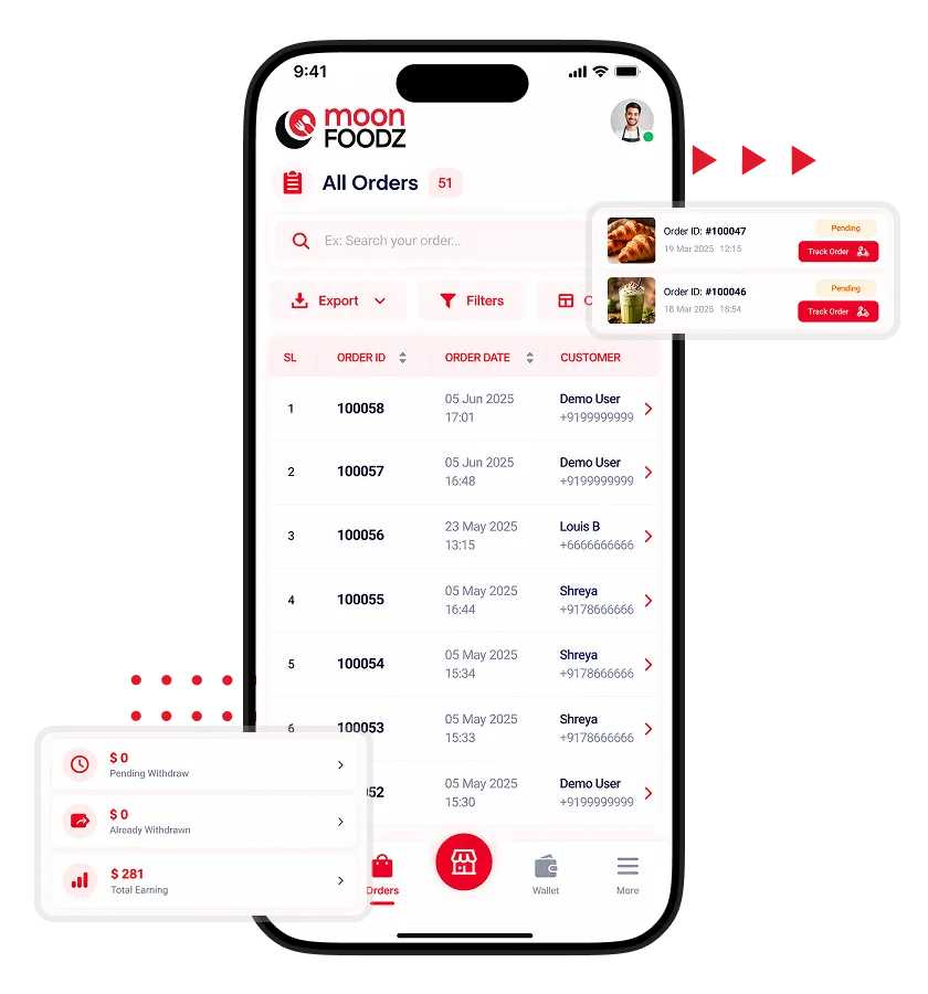 Jahez Clone admin order management screen listing customer orders, order dates, customer details, and order status with filtering options