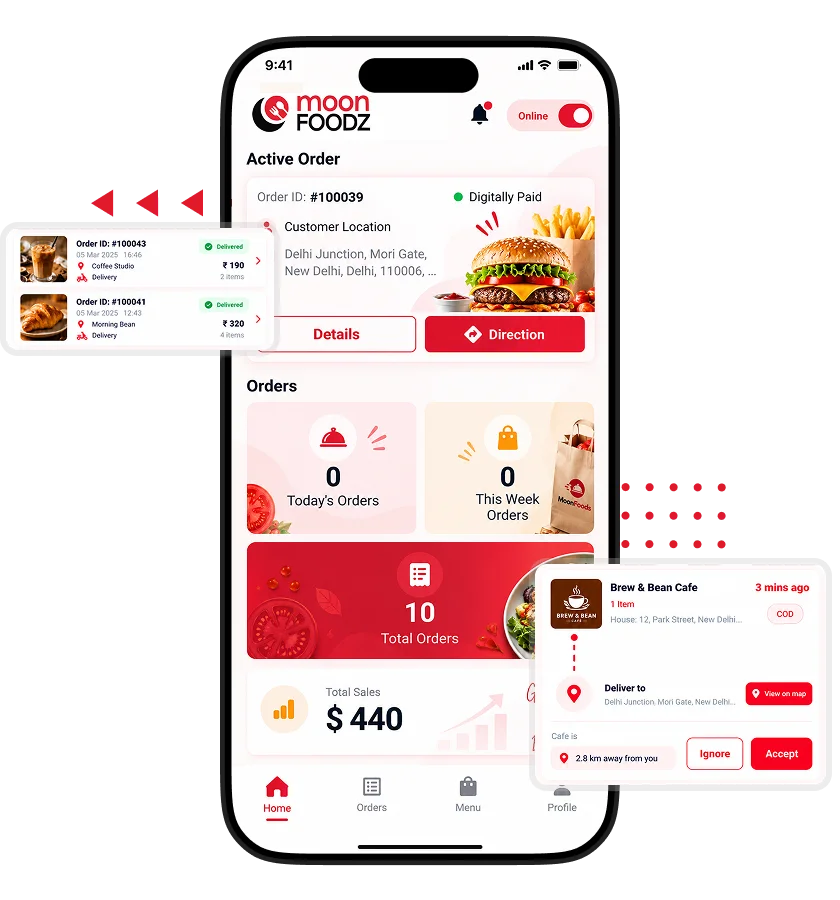 Jahez Clone delivery management dashboard displaying active orders, customer locations, daily and weekly orders, and sales statistics
