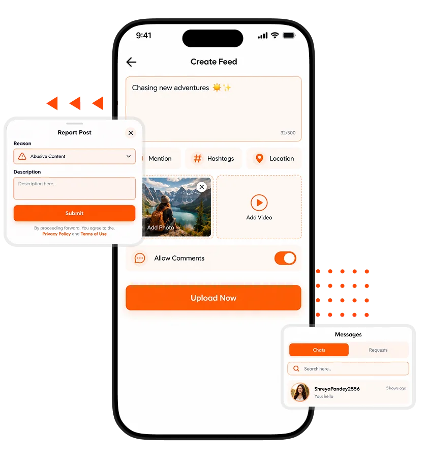 Kwai clone app content creation screen featuring caption editing, mentions, hashtags, location tagging, video uploads, comment permissions, and an Upload Now button, alongside post reporting and m