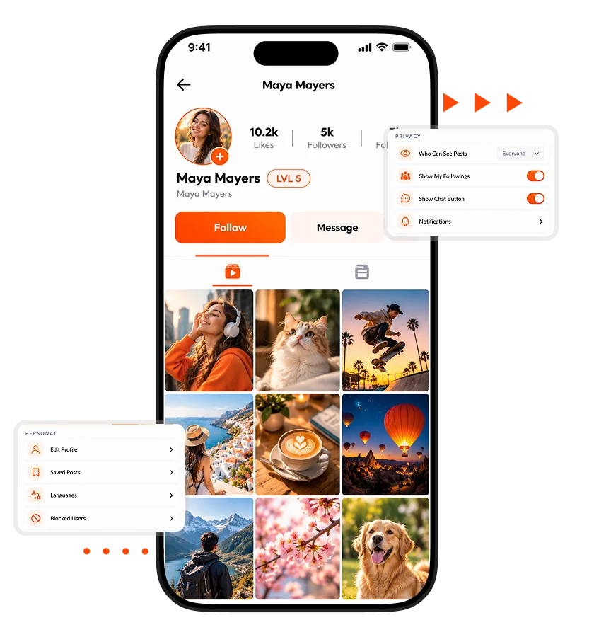 Kwai clone app creator profile screen featuring follower statistics, Follow and Message buttons, a photo and video gallery, privacy settings, and notification controls.