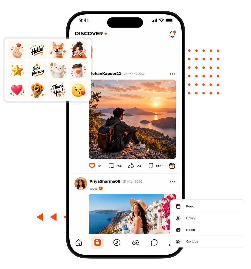 Kwai clone app discover feed displaying travel videos, creator posts, likes, comments, sharing and bookmarking options, animated stickers, and a menu for accessing Feed, Story, Reels, and Go Live