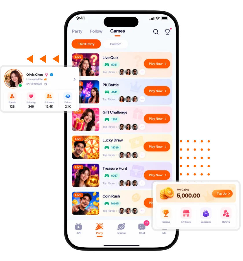 LiveTalk Clone games screen showcasing interactive party games, player profiles, reward points, and options to participate in challenges
