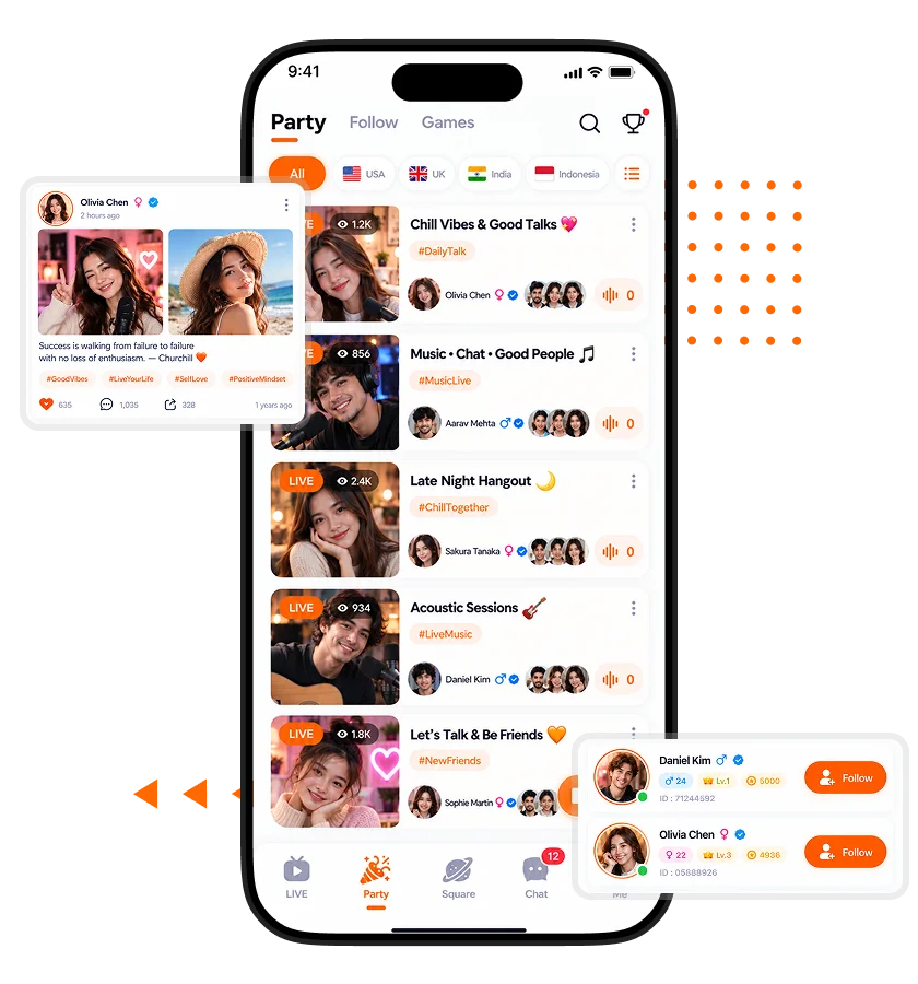 LiveTalk Clone party screen displaying live audio rooms, user profiles, music channels, and options to follow or join conversations