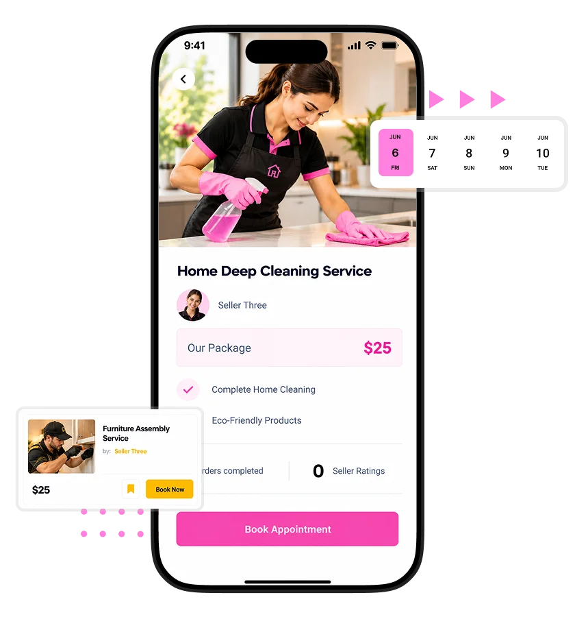 Sweepsouth Clone home deep cleaning service details screen featuring a cleaner, service package price, cleaning options, eco-friendly products, and appointment booking button.