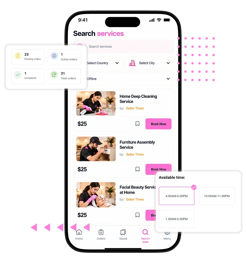 Sweepsouth Clone service search screen displaying home deep cleaning, furniture assembly, and facial beauty services with pricing, booking buttons, service filters, and availability options.