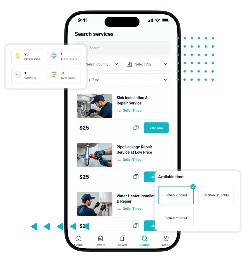 Uber for Plumbers service search screen showing plumbing services, pricing, seller details, and available booking times