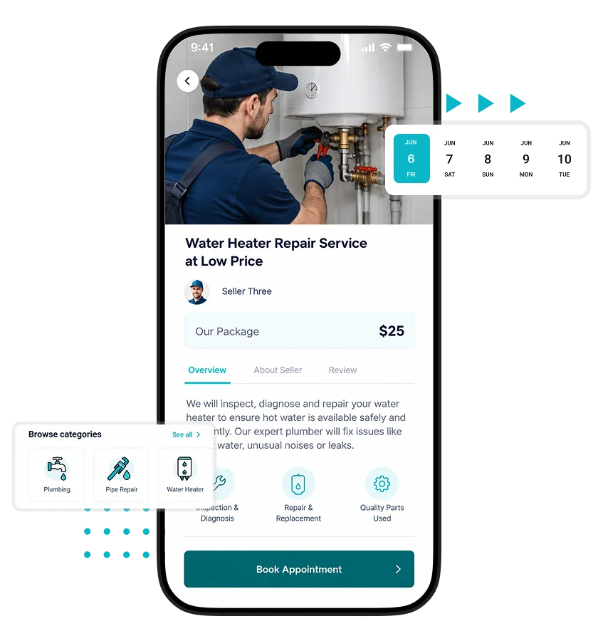Uber for Plumbers water heater repair service page with service details, seller information, categories, and appointment booking option