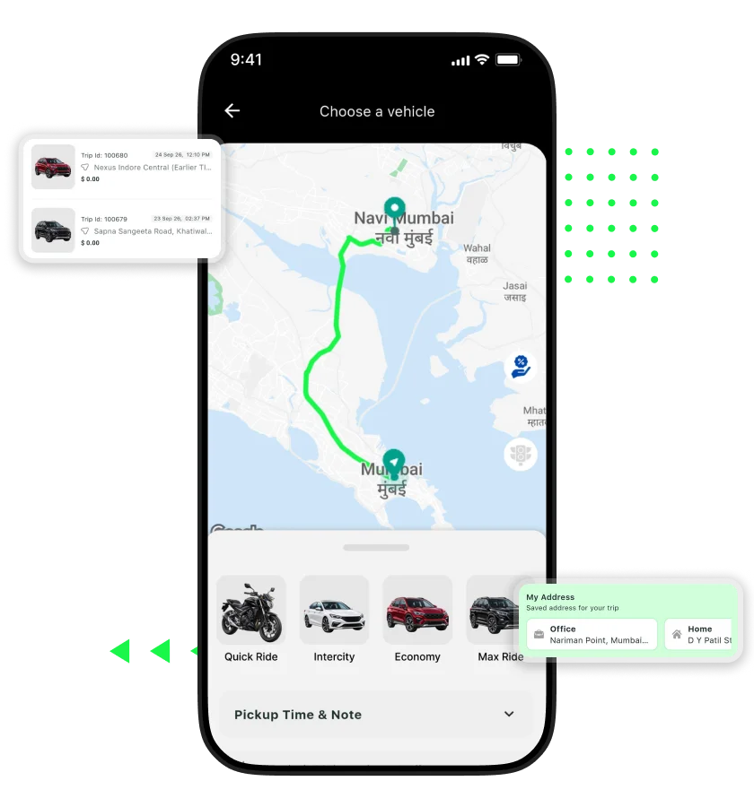 inDriver Clone choose vehicle screen showing route map, pickup location, vehicle categories, pickup time, and ride options
